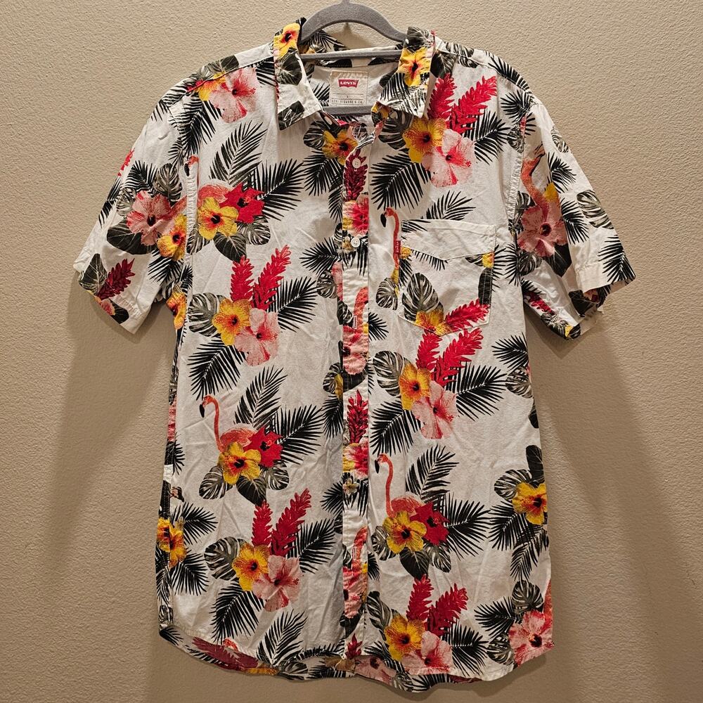 Levi's Kharl Camp Hawaiian Flamingo Hibiscus S/S Button Down Shirt  Size L